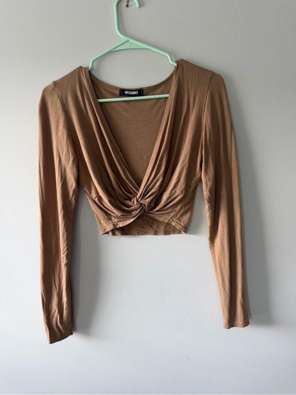 Missguided Tan Twist-Front Long Sleeve Crop Top
